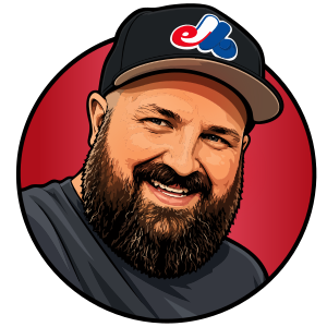 An illustrated portrait of a slightly burly guy with an affable nature and a dark brown beard. He's wearing a black Montreal Expos cap and a gray t-shirt.